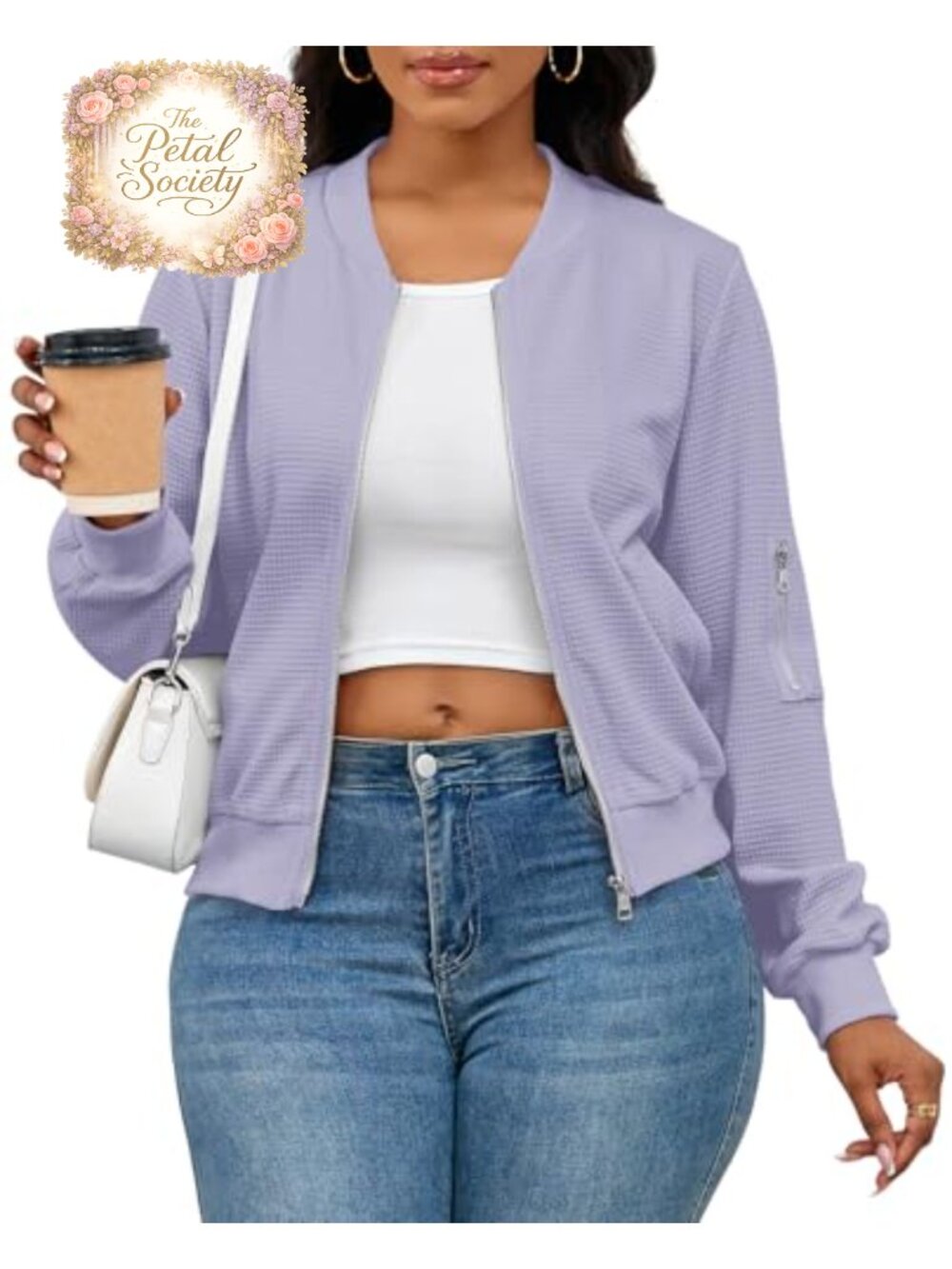 Waffle Knit Zip Up Bomber Jacket with Pockets Casual Women's